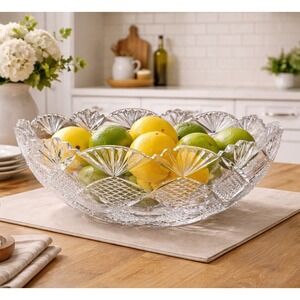 Vintage Bohemia Crystal Cut Glass Bowl Czech 24% Lead Pineapple Scalloped 12"x5"